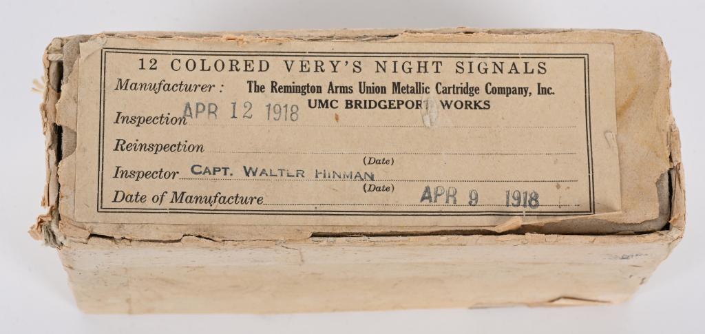 WW1 US ARMY MARINE CORPS VERY NIGHT SIGNAL FLARES: Lot of WW1 12 Colored Very's Night Signals case of rounds by Remington Arms Union Metallic Cartridge Company Inc. UMC Bridgeport Works and is dated April 9th 1918 and was inspected by the US April 12t