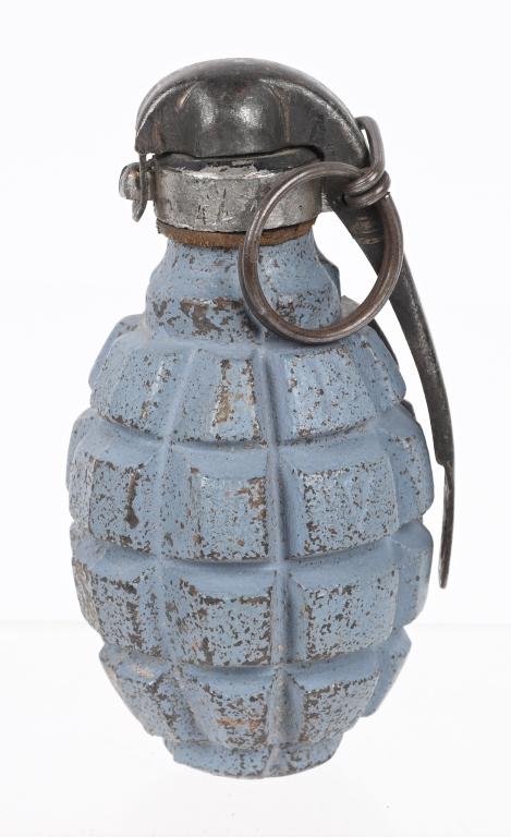 WWI FRENCH HAND GRENADE TYPE F1 W BILLANT FUZE WW1: WWI French F1 Hand Grenade with M1916 Billant fuse. Body is marked P V still retaining most of the horizon blue paint. This Grenade is Inert, Excellent.†Originally, the F1 was designed to use a