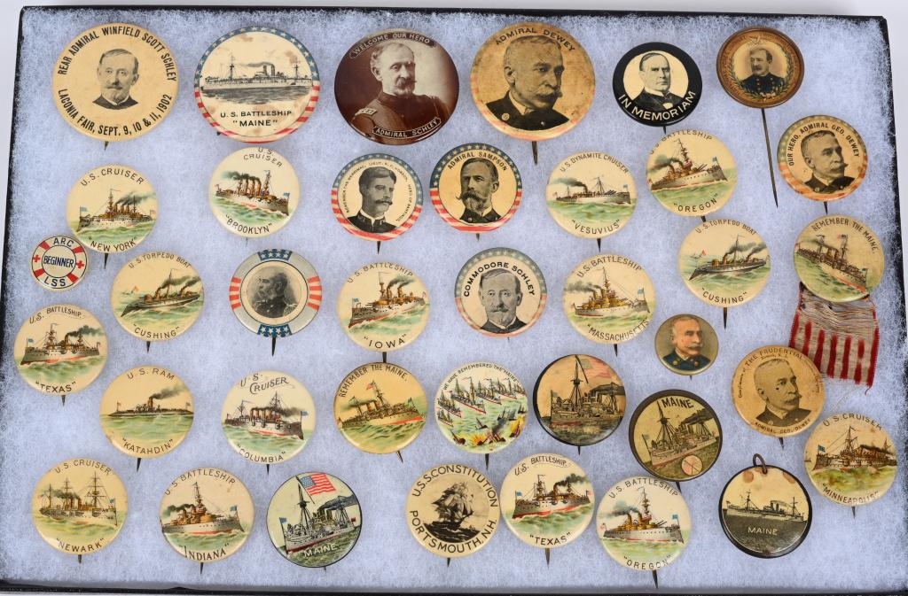 SPAN AM POLITICAL CELLULOID BUTTON LOT W SHIPS: Lot of 44 Celluloid buttons from the Spanish American War from famous ships as the USS Maine, USS Oregon. USS Vesuvius, USS Brooklyn. USS New York, USS Cushing, USS Texas, USS Katadin USS Columbia,, U