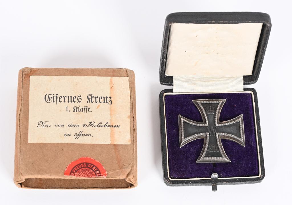 WW1 IMPERIAL GERMAN FIRST CLASS IRON CROSS WWI 835: This fantastic Imperial German Cased EK1 has a black magnetic iron center and the cross is made from a three piece construction. There is a "C" shaped, wire catch soldered directly onto the back and a
