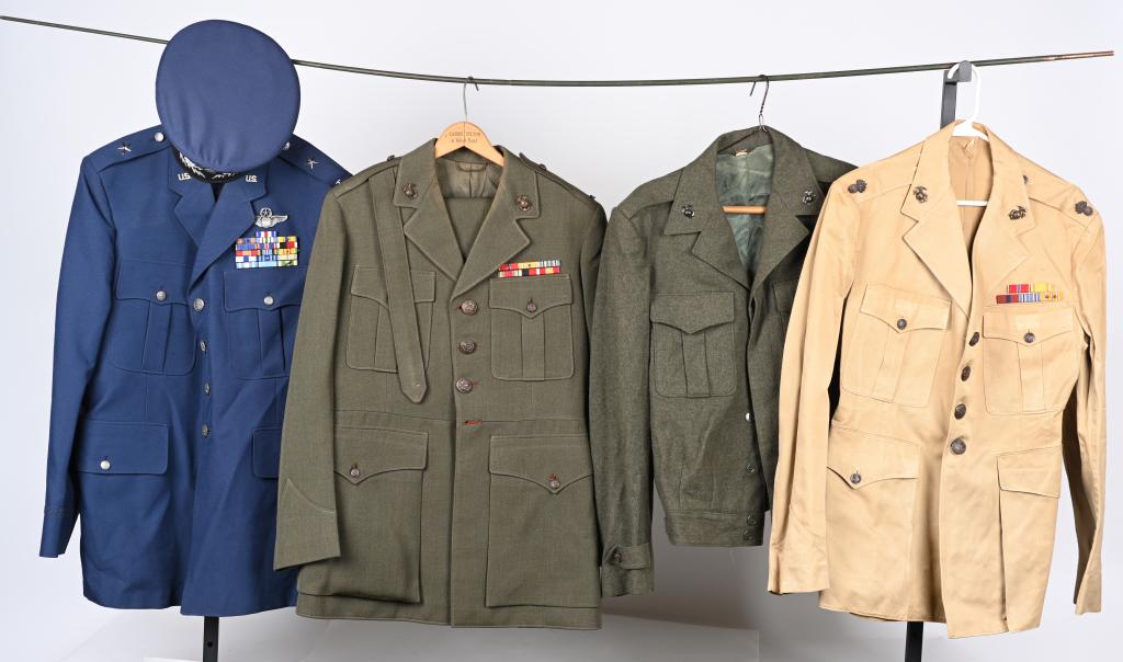 LARGE UNIFORM LOT USMC WW2 KOREAN WAR VIETNAM GULF: Large lot of military uniforms to include†1) US Army Corporal Khaki Shirt 2) US Navy Peacoat 3) 6 Khaki Shirts 4) USMC Officer's Khaki Uniform 5)†USMC Officer's Khaki Uniform 6) USN White 