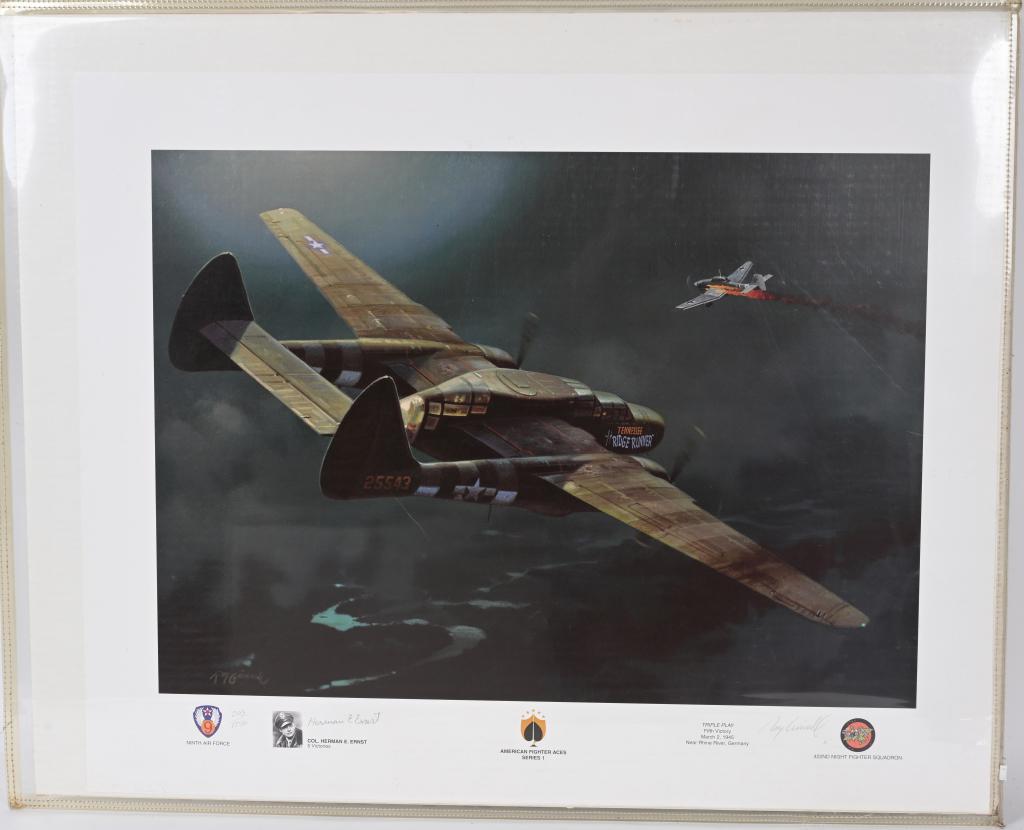 TRIPLE PLAY ROY GRINNELL PRINT SIGNED by P-61 ACE: First delivered in May 1944, the twin-engine Northrop P-61 was the first USAAF aircraft to be specifically designed as a night-fighter. Appearing as it did late in the war, only four P-61 pilots achie