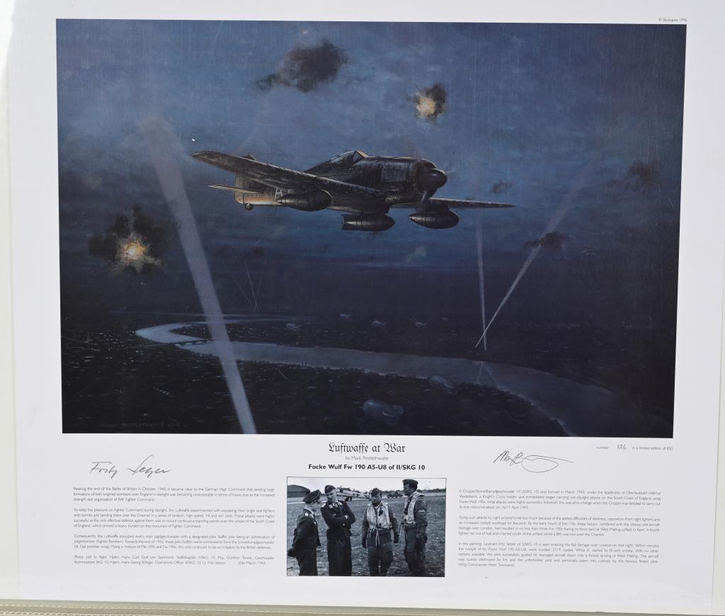 WWII LUFTWAFFE SIGNED ARTIST PRINT LOT OF 2 WW2: Lot of two aviation art prints to include 1) Shadow Of The Moon by Brian Bateman. A lone FW-190A6 flown by Freidrich Karl M¸ller banks high above the clouds following contrails from a British bom