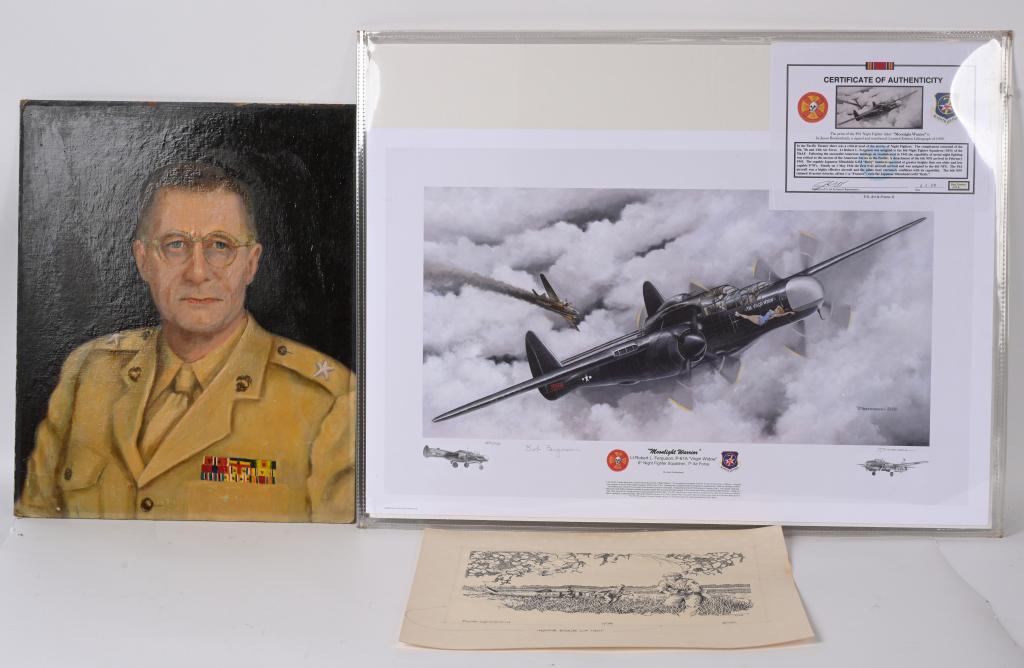 ORIGINAL PAINTING OF USMC GENERAL AVIATION PRINT: Lot of 2†artist prints and original painting to include 1) Robert Ferguson flew with the 6th Night Fighter Squadron off the island of Saipan during World War II. The aircraft he flew was the Nor