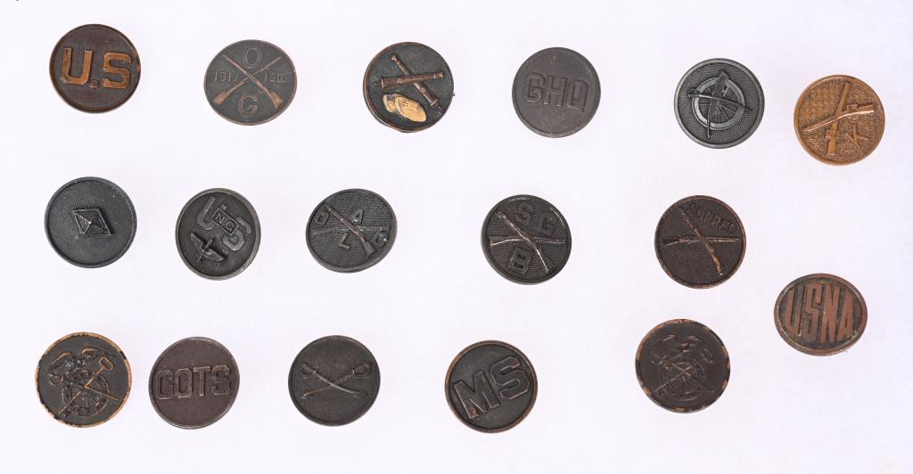 WW1 COLLAR DISK ARMORED INFANTRY AVIATION QM: WW1 Era US Collar Disk lot to include 1) US 2) MS 3) USNA 4) Infantry K 5) JAG 6) Quartermaster 7) GHQ 8) USNG Aviation 9) Finance Department 10) Alfred Military Academy 11) Quartermaster 12) Cavalry 