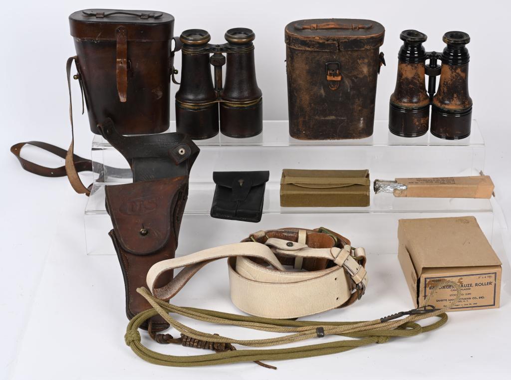 MILITARY FIELD GEAR LOT HOLSTER BINOCULARS LANYARD: Military field gear lot to include 1) 19th Century Binoculars and case by Andrew J. Lloyd Company of Boston with clear optics 2) 19th Century Binoculars and case by Lamier Paris with clear optics 3) W