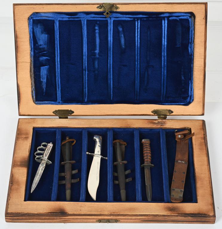 MINIATURE FIGHTING KNIFE LOT M1918 SYKES FAIRBAIRN: Miniature Daggers and edged Weapons of 1918 - 1945 including M1918 Brass Knuckle Knife. Sykes Fairbairn Fighting Knife, Marine Raiders Fighting Knife marked Sterling and is serial numbered 0524, Sykes