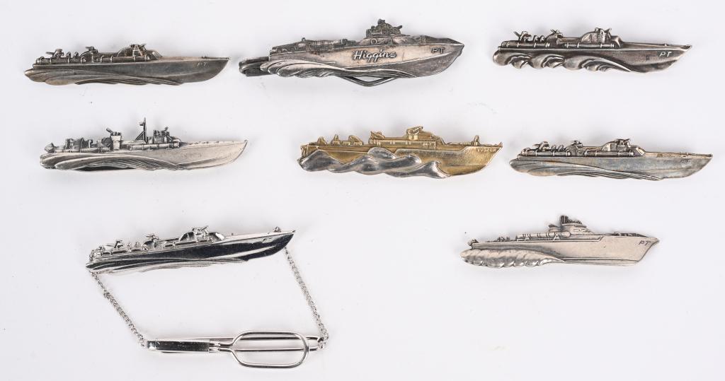 WWII U.S. NAVY PT BOAT BADGE LOT ELCO HIGGINS A.E: Lot of PT Boat Badges to include 1) PT Boat Elco Marked Sterling for enlisted personnel Tie Bar 2) Army Air Force Rescue Boat in Sterling 2) PT Boat in Sterling for enlisted personnel†3) PT Boat
