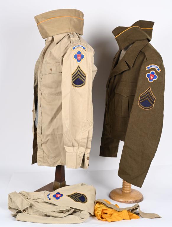 POST WWII 88TH DIVISION TRUST UNIFORM GROUPING: Post WWII uniform grouping complete with tunic, size 40 with beautiful needlework on the insignia that has been applied. 2) Two khaki shirts with the same quality needlework to the insignia 3) Two Yel
