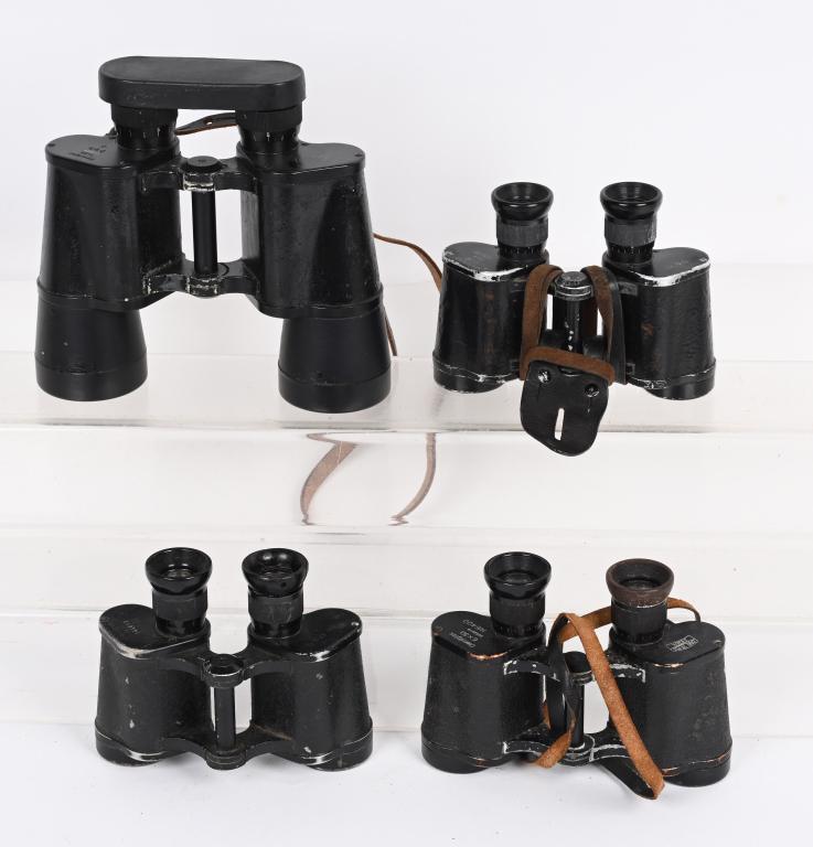 WWII NAZI GERMAN BINOCULAR LOT ZEISS LEITZ WW2: WWII Nazi German binocular lot to include 1)†6 X 30 POWER ISSUE FIELD BINOCULARS.†Tooled alloy and aluminum construction, 6 x 30, power, binoculars with molded black and Bakelite fittings.