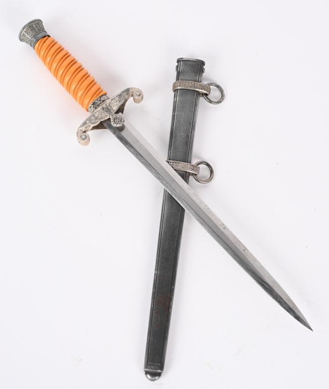 WWII NAZI GERMAN ARMY OFFICERS DAGGER WW2: The dagger features a roughly 26cm long drop forged steel construction nickel/silver plated stiletto style blade with a flat central ridge. The blade is in overall very good condition with none of the