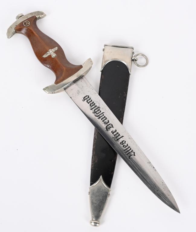 WWII NAZI GERMAN EARLY NSKK DAGGER BY HELLER WW2: Nice quality dagger features a roughly, 8 3/4", (22.2 cm), long double edged nickel/silver plated drop forged steel construction blade with a low central ridge and a full length, including the hilt, o