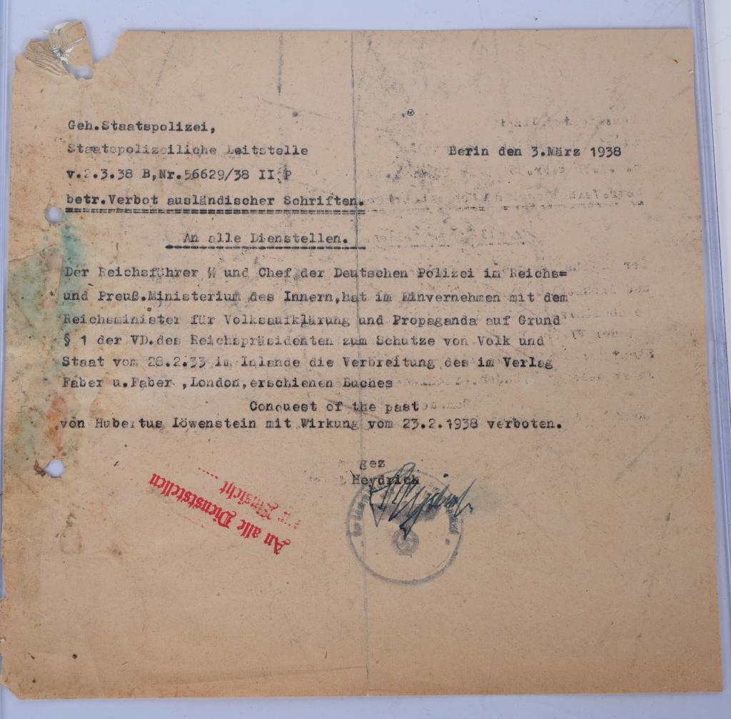 WWII NAZI BUTCHER LETTER BY HEYDRICH BANNING BOOKS: Fantastic†letter by the Butcher Reinhart Heydrich and is signed by him as well. The letter reads in part "Der Reichsf¸hrer SS und Chef der Deutschen Polizei in Reichs und Prueﬂ.Minis