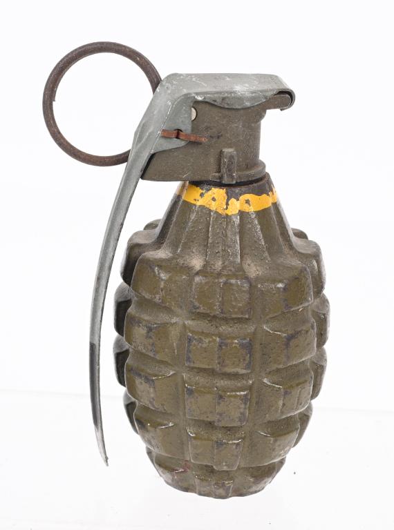 WWII US ARMY USMC MARINE CORPS MKII HAND GRENADE: WWII US MkII Fragmentation Grenade. Green Painted High Explosive Pineapple Grenade with yellow band & M6 Series Fuze Head. Note Many Yellow Grenades Were Over Painted With Green to conceal in the fiel