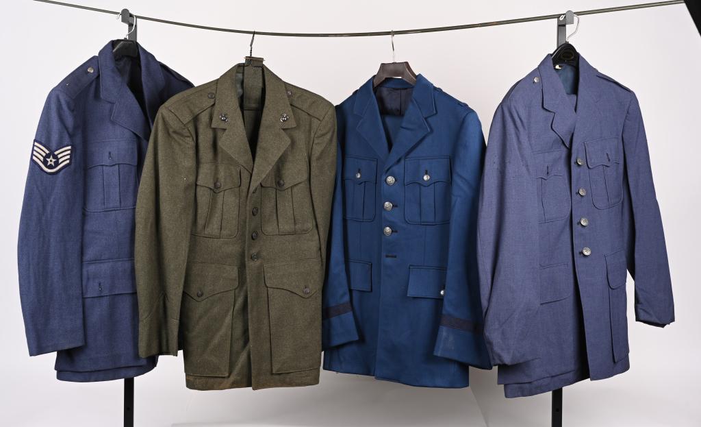 LARGE US MILITARY UNIFORM LOT USMC US NAVY ARMY: US Military lot to include 1)US Air Force Officers uniform 2) Air Force Staff Sergeants Uniform 3) Air Force Enlisted Uniform 4) US Navy Lieutenant, Junior Grade Frock Coat and Trousers 5) US Air Forc
