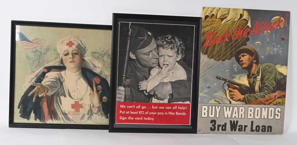 WW1 & WWII MILITARY POSTER LOT US FRENCH RED CROSS: Military poster lot to include 1) L'Italia Ha Bisogno WWI United States Food Administration Poster measuring 20 1/2 X 28 2) WWI American Red Cross Poster†Have you answered the Red Cross Christma