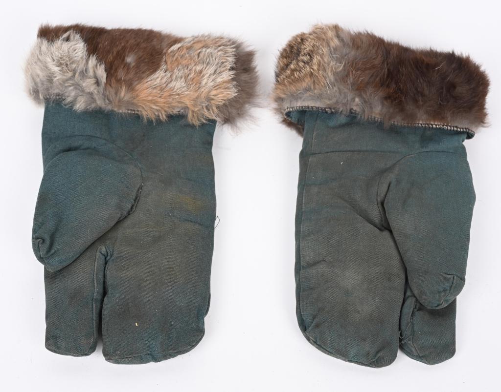 WWII NAZI GERMAN POLICE WINTER MITTENS WW2: Police, teal green, ribbed cotton twill construction winter mittens, fully lined in a mottled, brown, white and grey rabbit fur. The mittens feature a separate, trigger/index finger and thumb. Shows t