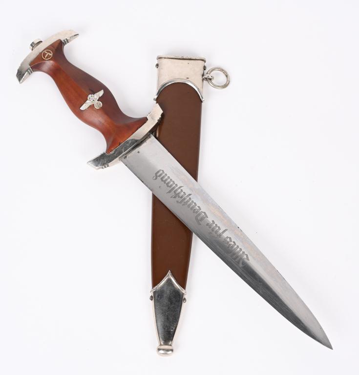 WWII NAZI GERMAN SA DAGGER M7/51 ANTON WINGEN: Early, nice quality dagger features a roughly, 8 3/4", (22.2 cm), long, double edged, nickel/silver plated, drop forged steel construction blade with a low central ridge and a full length, including t
