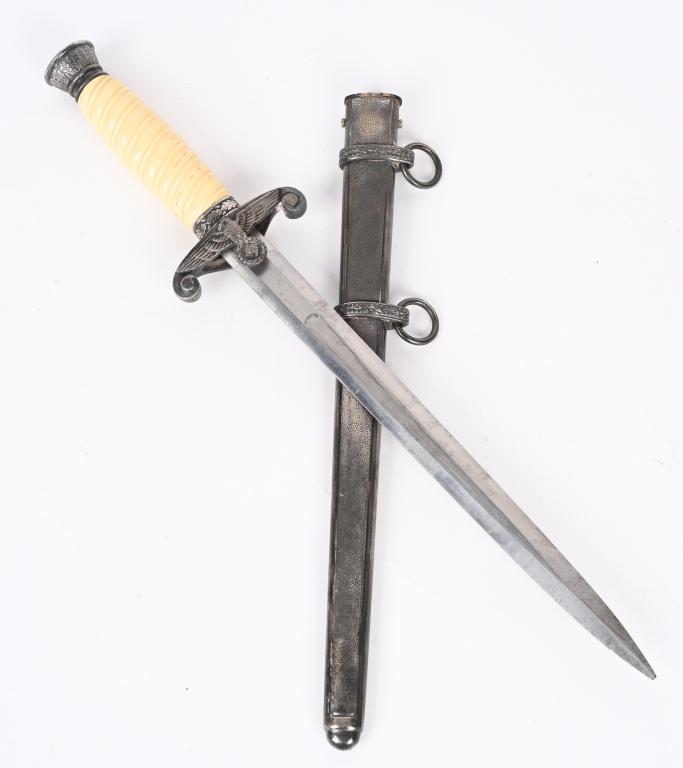 WWII NAZI GERMAN ARMY DAGGER BY ROBERT KLASS WW2: The dagger features a roughly 26cm long drop forged steel construction, nickel/silver plated stiletto style blade with a flat central ridge. The blade is in overall excellent condition with minor scab