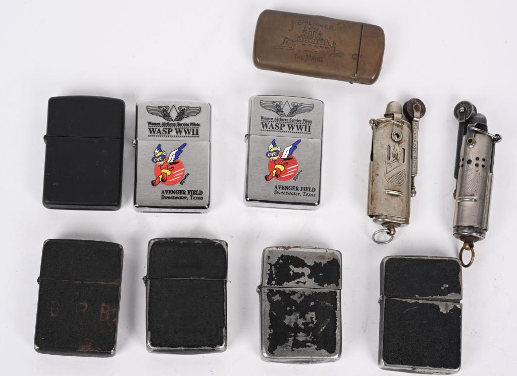 SPAN AM WWI1 WWII LIGHTER LOT BLACK CRACKLE WW2: Lot of tobacciana to include two Trench lighters, 4 black crackle finish lighters in various conditions, 1 match safe that is engraved Remember The Maine to one side and an American Flag to the other.