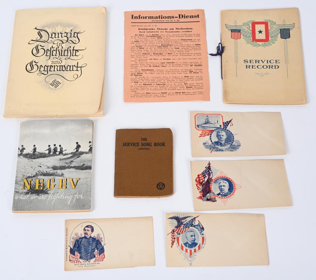 WW1 & WWII EPHEMERA LOT NAZI CIVIL WAR DANZIG WW2: Military Ephemera lot to include 1) WW1 The Service Song Book 2) WWII Booklet titled The NEGEV What We Are Fighting For. 3) 4 Patriotic envelopes from the Civil War and Spanish American War 4) WWI Ser
