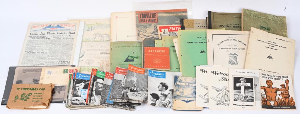 WWII and MILITARY EPHEMERA LOT: 1. Several WW2 Armored Force School manuals, 2. 1959 U.S. Navy Diving Manual, 3. 1942 U.S. Navy Radio Receiving Instructions, 4. 34- WW2 Americans Magazines, 5. 2nd Division Christmas Cards, 6. 1945 A