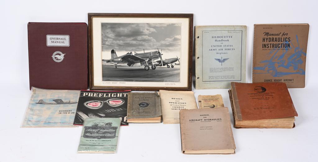 WWII and MILITARY AVIATION LOT: Includes 1. 1942 Silhouette Handbook of Army Air Forces Airplanes, 2. 1942 Manual for Aircraft Hydraulics, 3. 1944 Pratt & Whitney Overhaul Manual, 4. Gunnery in the B-29, 5. Eastern Airlines Douglas 