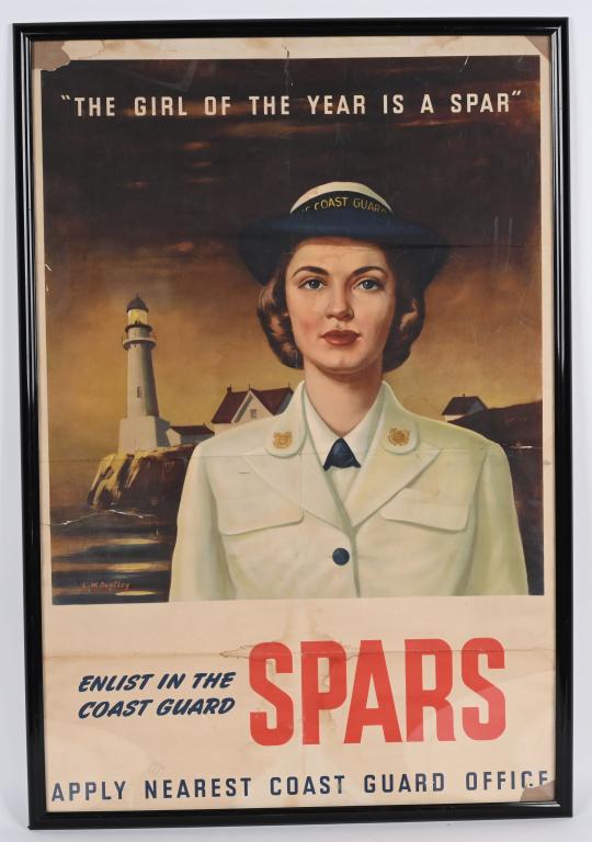 WWII US COAST GUARD SPARS USA HOME FRONT POSTER: World War Two propaganda poster Enlist in the Coast Guard Spars - The Girl of the Year is a Spar - Apply Nearest Coast Guard Office - Great design features a lady wearing a white coast guard uniform w
