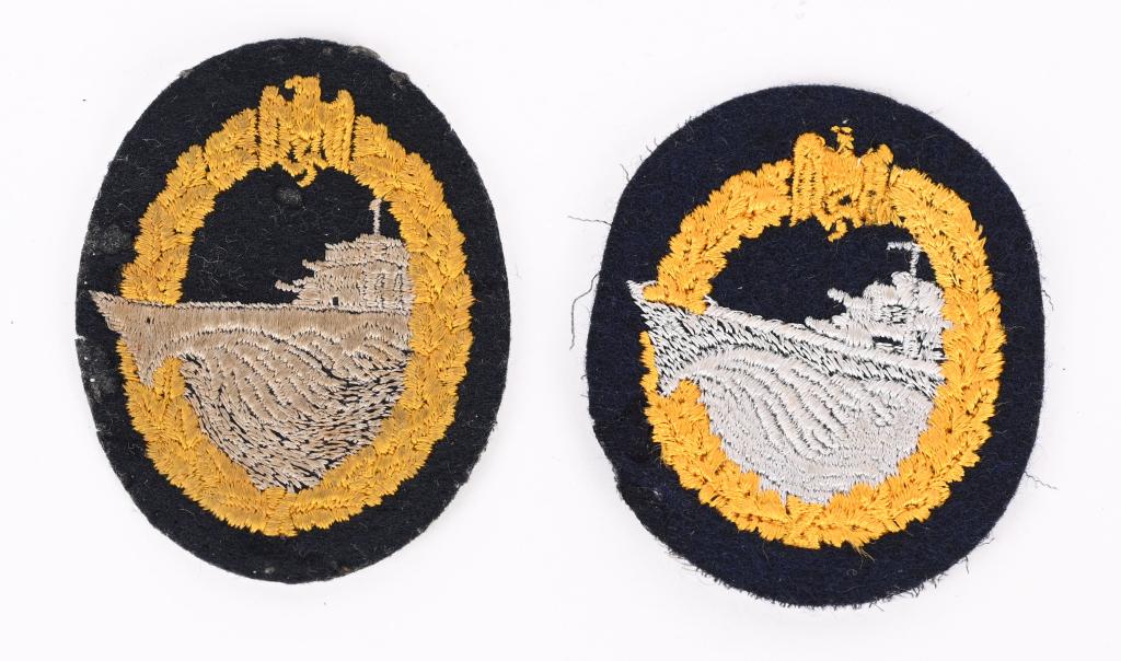WWII NAZI GERMAN KRIEGSMARINE DESTROYER BADGE LOT: WWII Nazi German lot of insignia to include 1) WWII NAZI GERMAN KRIEGSMARINE DESTROYER BADGE. Machine embroidered, cut from the uniform, cloth Destroyer War Badge badge in yellow threads and silver on