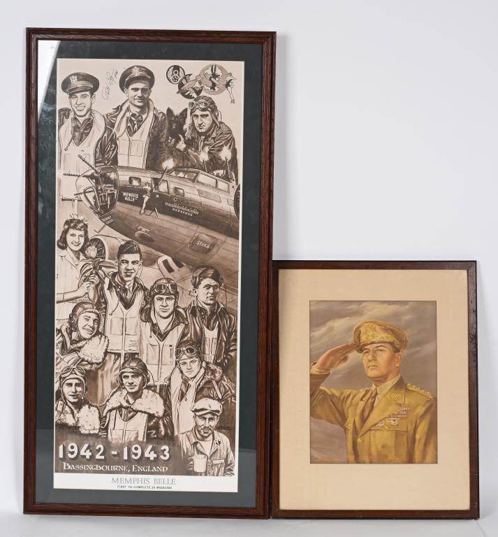WWII SIGNED ART PRINT THE MEMPHIS BELLE & GENERAL: Lot of two framed items†to include 1) Signed print of the Memphis Belle. Print shows crew member illustrations and the nose of the plane itself. Text reads "Memphis Belle, First to Complete 25 M