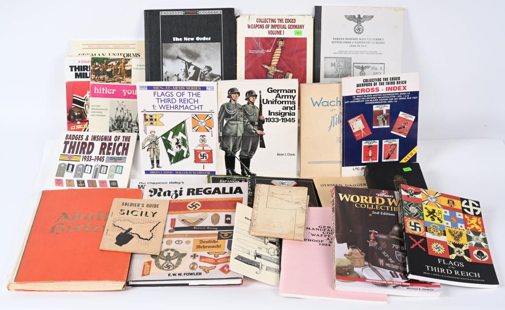 WWII NAZI GERMAN EDGED WEAPONS REFERENCE BADGES: WWII Nazi German Reference & Original Book lot to include 1) Adolf Hitler Cigarette Card Album that is complete 2) Warman's World War II Collectibles 2nd Edition 3) German Flags of the Third Reich by 