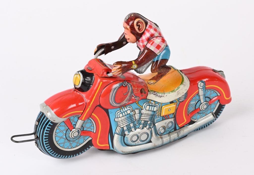 JAPAN TIN FRICTION MONKEY ON MOTORCYCLE: All original and friction works. 9" Excellent