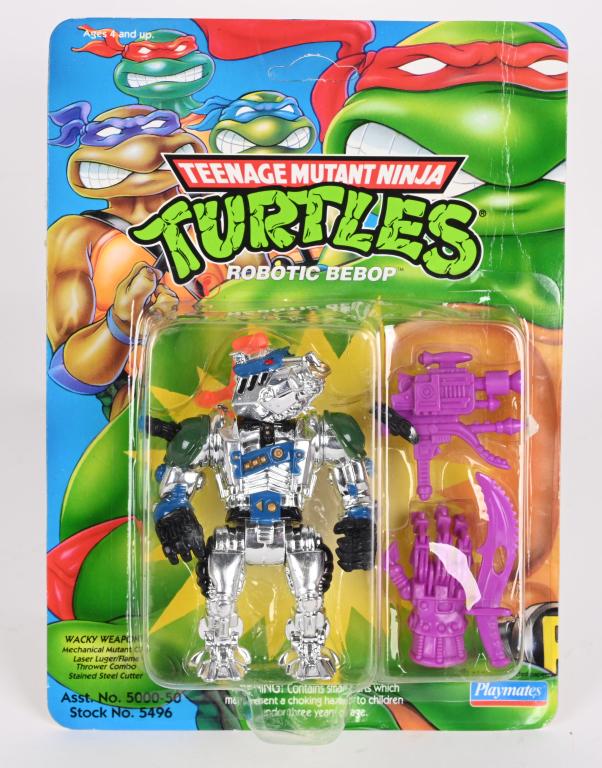 93 TEENAGE MUTANT NINJA TURTLES ROBOTIC BEBOP MOC: 1993 Teenage Mutant Ninja Turtles Robotic Bebop. Seal on Card. Very clean unpunched card ready for grading.