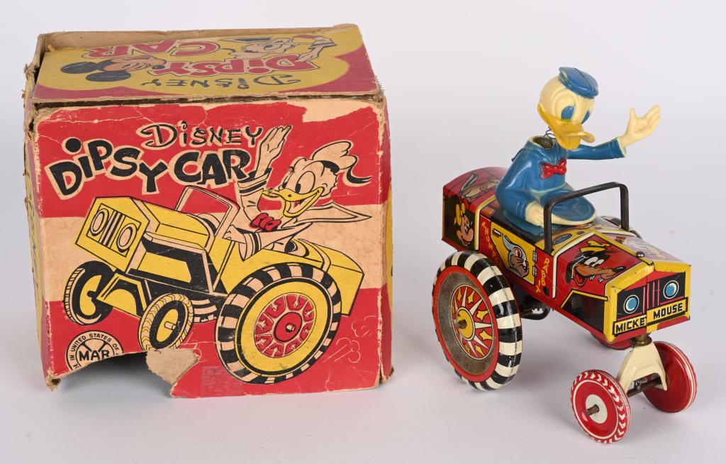 MARX TIN WINDUP DONALD DUCK DIPSY CAR w/ BOX (1 of 6)