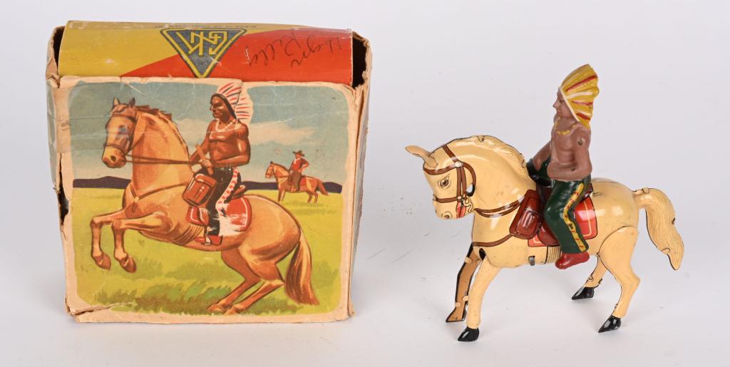 US ZONE GERMANY TIN WINDUP INDIAN ON HORSE w/ BOX (1 of 6)