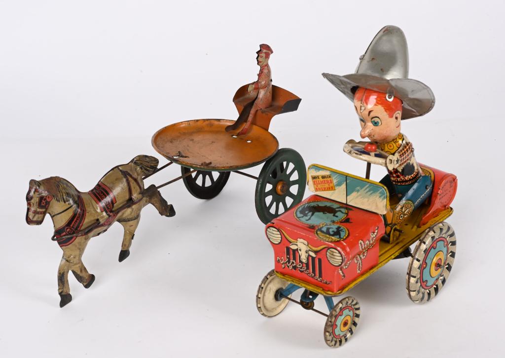 PAIR OF TIN TOYS: Includes Unique Art Rodeo Joe all complete not working and Unusual tin Horse Pulling Man on Cart. Largest 11" Very Good-Excellent