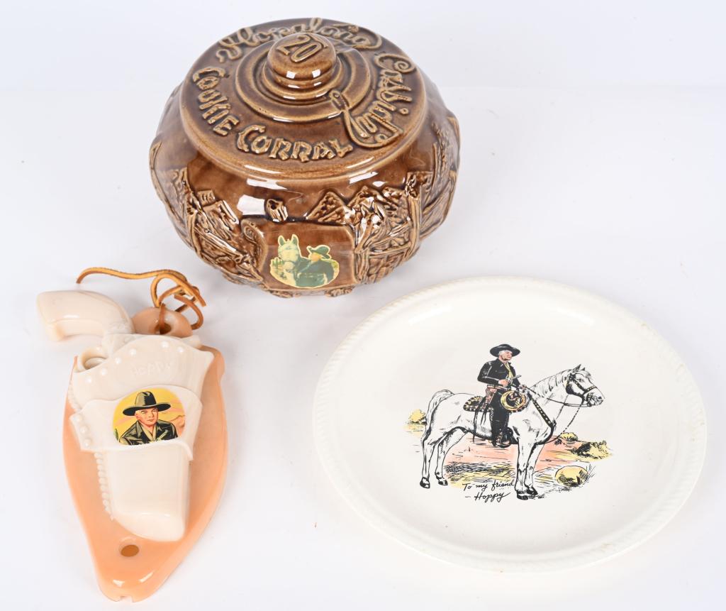 HOPALONG CASSIDY ITEMS: Includes Cookie Jar, Gun in Holster Wall Hanger, and Plate. All in great original condition. Largest 9" Excellent