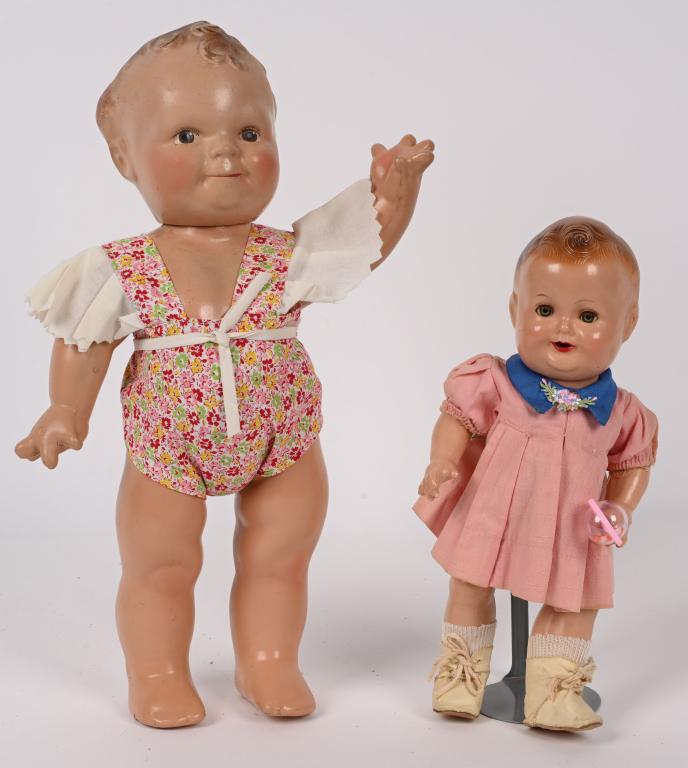 12" BABY SANDY & SCOTTLES DOLL: A. PRE WAR COMPOSITION. 12" BABY SANDY RALPH A. FREUNDLICH DOLL with green sleep eyes, open mouth with teeth, painted hair, period original outfit with under garments and shoes. Baby Sandy marked on b