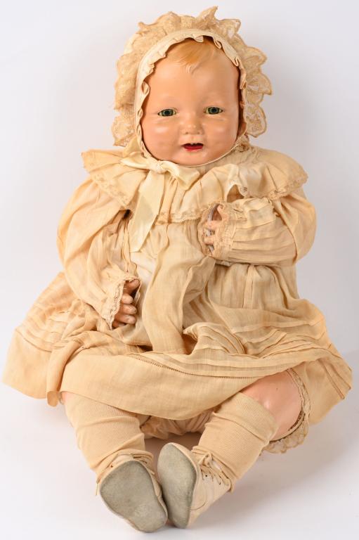 25 1/2" COMPOSITION EFFANBEE BUBBLES DOLL: The largest Bubbles offered, it cost over $11 in 1926, the first full year of production. Doll has patent date 1924 along with Bubbles, Effanbee, etc. Bubbles was created by the famous sculptor Bernar