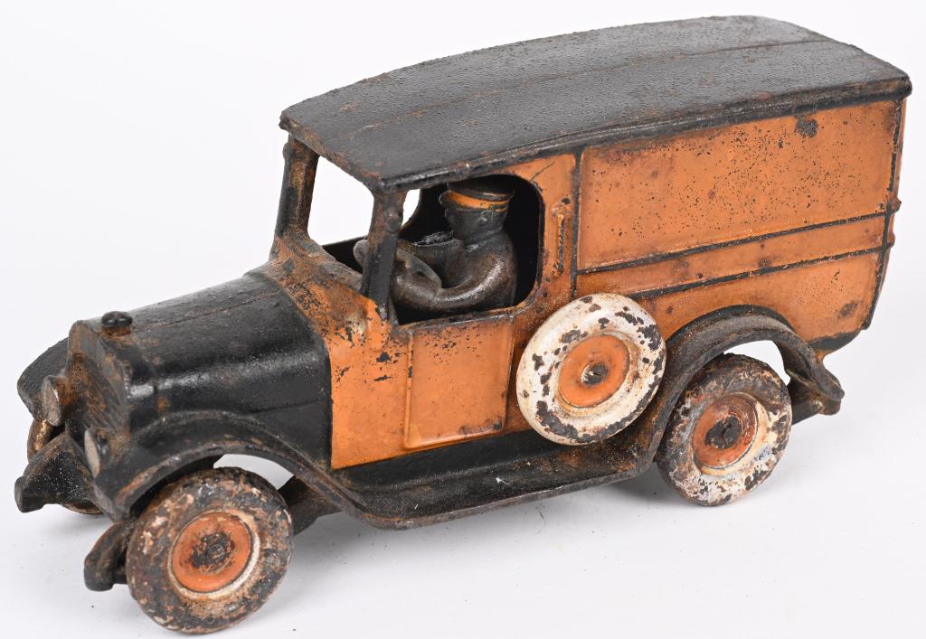 ARCADE CAST IRON YELLOW CAB PANEL TRUCK: Very rare all original Arcade Yellow Cab Panel Truck. Complete toy with original paint that should clean to a higher grade. No cracks or repairs. 8 1/4" Very Good
