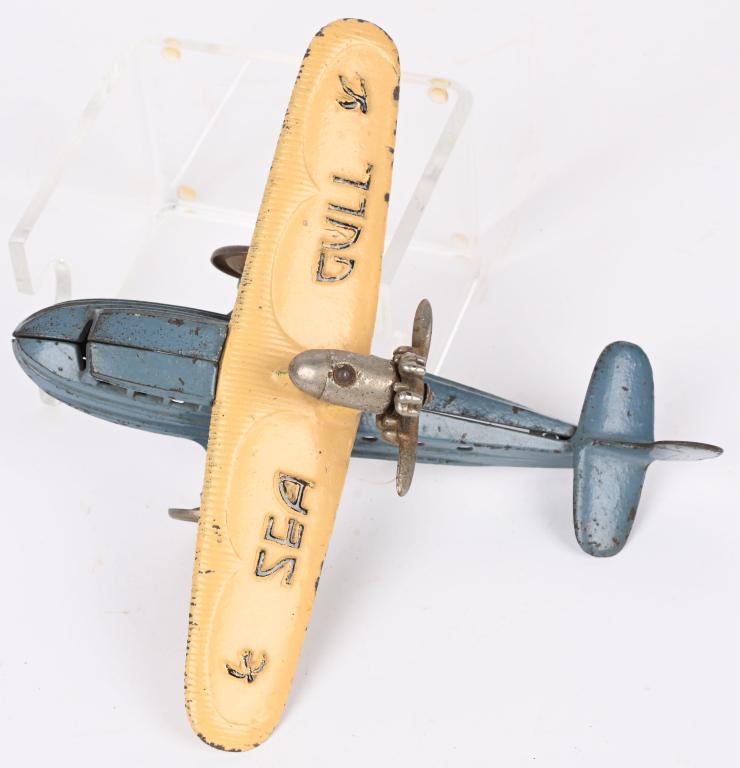 KILGORE CAST IRON LARGE SIZE SEA GULL AIRPLANE: Beautiful all original Kilgore Sea Gull airplane. No cracks or repairs. 8" L, 8" WS. Excellent