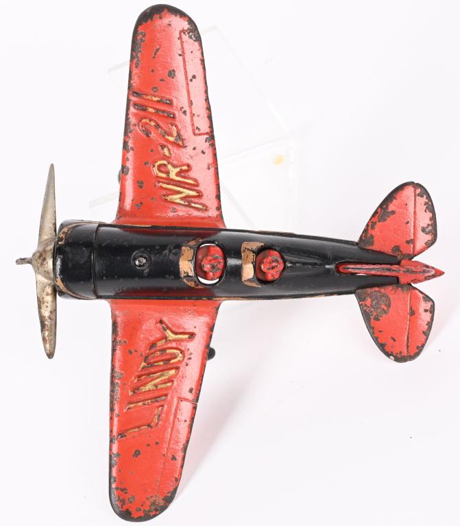 HUBLEY CAST IRON LINDY SIRIUS AIRPLANE: Large and scarce Lindy NR-211 Sirius Airplane. All original with no cracks or repairs. 10" WS, by 8 3/4". Very Good
