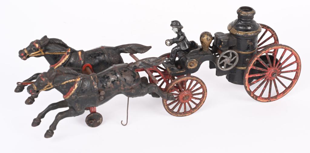 WILKINS CAST IRON HORSE DRAWN FIRE PUMPER: Nice original Wilkins Fire Pumper with no cracks or repairs. May clean to a higher grade. 14", Very Good