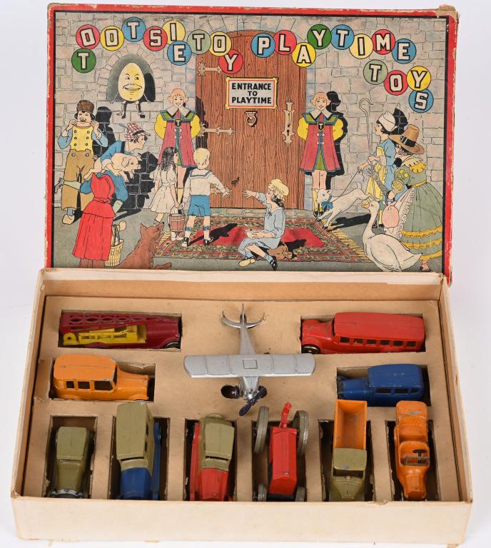 TOOTSIETOY #5031 PLAYTIME SET w/ BOX: Tootsietoy #5031 Playtime Set. 11 Piece set including Airplane. Bus, Tractor, Fire Truck, Car, and Trucks. All original and complete. 12" Excellent