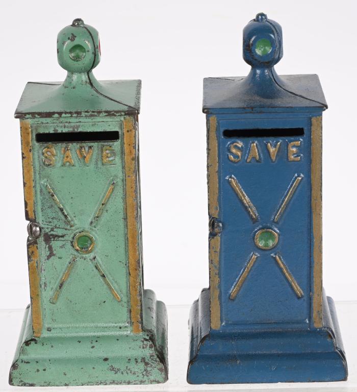 2- DENT STOP & SAVE STILL BANKS LARGE: 2- Dent cast iron Stop & Save Still Banks. Large version in Blue and Green. Both all original. 6" Excellent