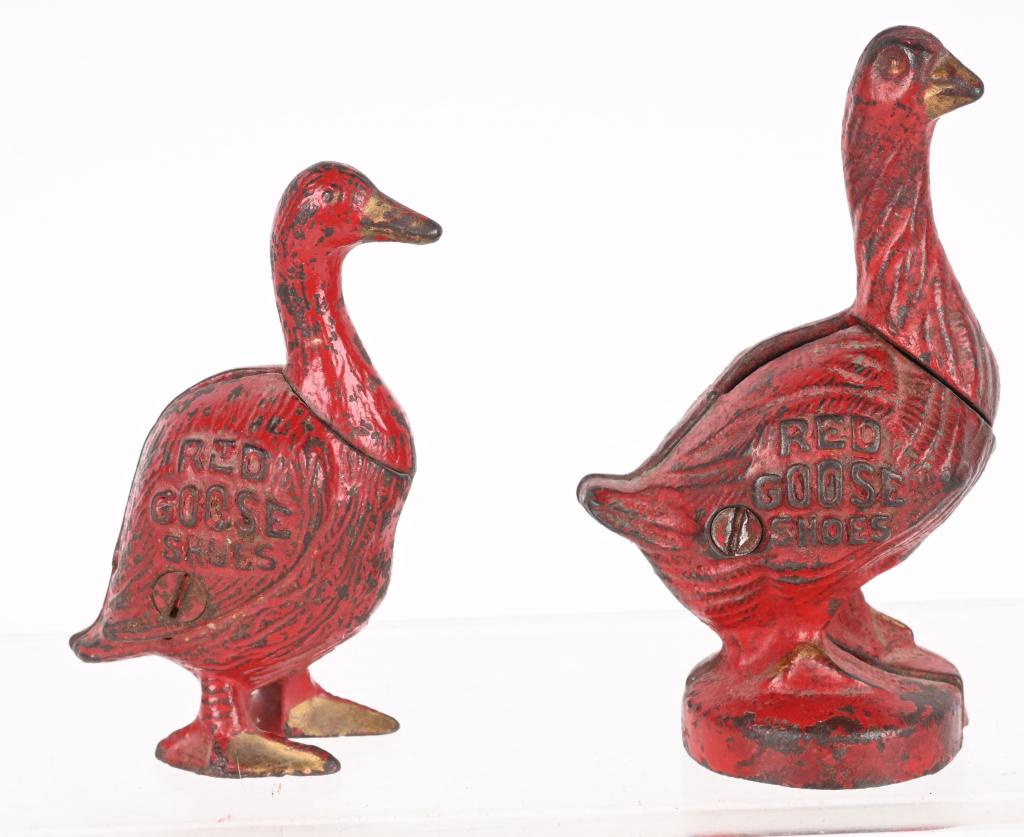 2- ARCADE RED GOOSE SHOES STILL BANKS: 2 Arcade cast iron Red Goose Shoes. Large and small versions. Both all original with nice paint. 4 1/2" Excellent