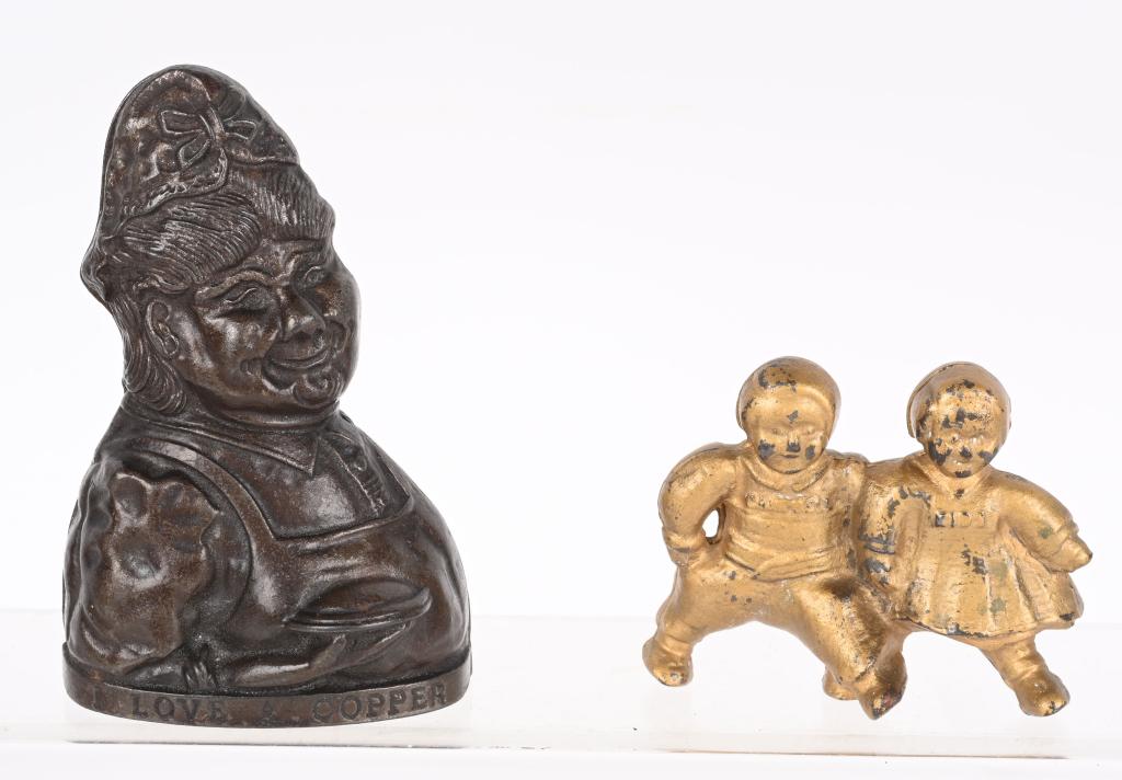 CAMPBELL KIDS & I LOVE A COPPER STILL BANKS: Includes AC Williams cast iron Campbell Kids Still Bank. All original with nice paint. Plus English I Love A Copper cast iron Still Bank. All original. Largest 4 3/4 Excellent