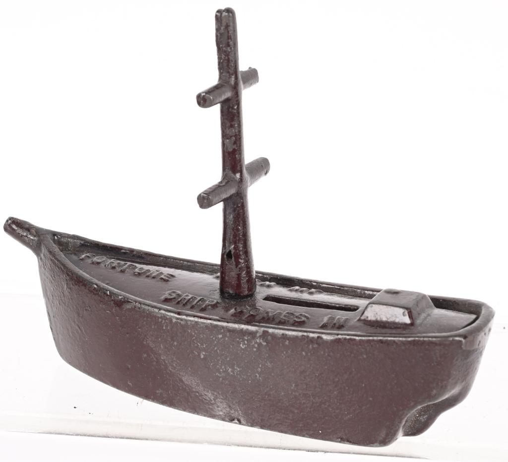 FORTUNE SHIP STILL BANK: 1895 English cast iron Fotune Ship Still Bank. All original with very nice paint. 5 3/8" Excellent