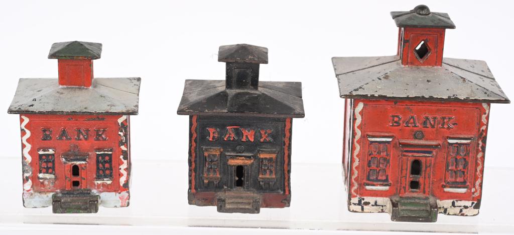 3- J&E STEVENS CUPOLA BANK STILL BANKS: Lot of 3 J&E Stevens cast iron Cupola Bank Still Banks. All original with nice paint. Largest 4 1/8" Excellent
