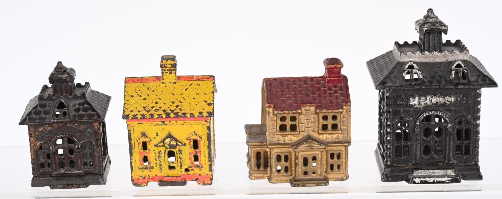 4- CAST IRON BUILDING STILL BANKS: Includes J&E Stevens One Story House, AC Williams Colonial House, Kenton State bank, and Grey Iron Deposit Bank. All in nice original condition. Largest 4 1/4" Excellent